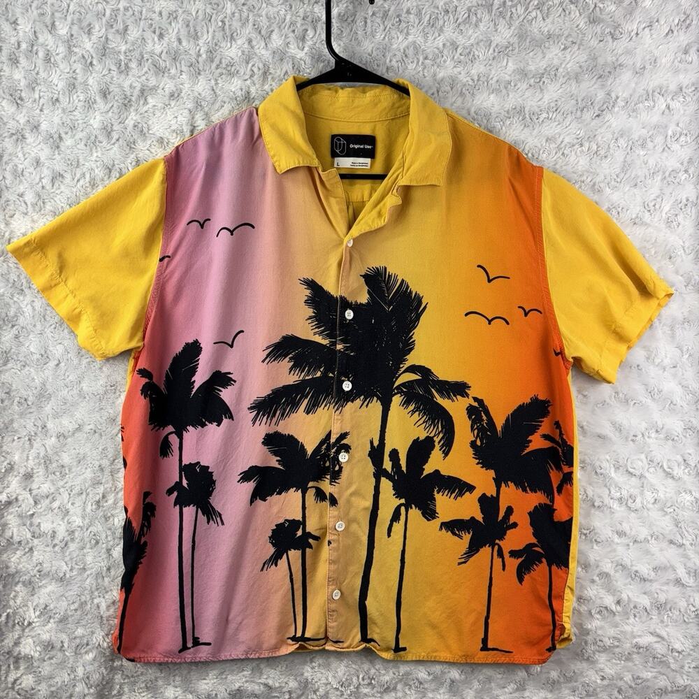 Original Use Mens Tropical Short Sleeve Button Down Shirt Palm Trees Ombre Large